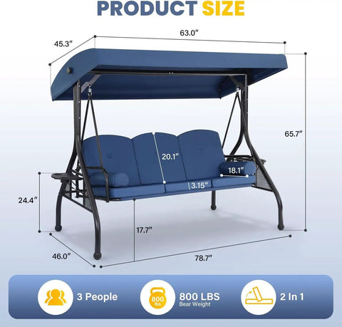 Three Seat Outdoor Porch Swing With Adjustable Canopy Converts To Bed Two In One Patio Swing And Lounge in blue with dimensions