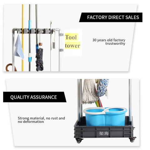 Cleaning Tool Tower On Wheels With Mop Holder, Umbrella Stand, Drip Tray, Tool Storage Rack, and 5S Shadow Board detail