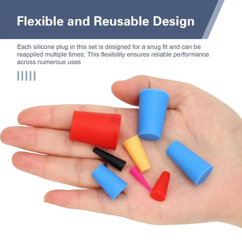 Grab This Awesome 110 Piece Silicone Plug Kit With Eight Diverse Sizes And Super Cool Colors For Painting, Powder Coating, And High Heat Protection That Truly Slaps. silicone plugs in hand, assorted sizes and colors