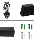 Heavy Duty Black Palm Tree Wall Mounted Beer Bottle Opener With Rugged Cap Catcher Bucket Holds Up To Seventy Five Caps set components.