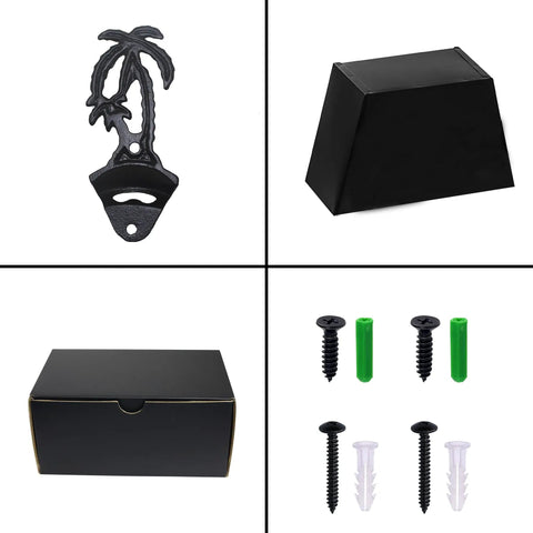 Heavy Duty Black Palm Tree Wall Mounted Beer Bottle Opener With Rugged Cap Catcher Bucket Holds Up To Seventy Five Caps set components.