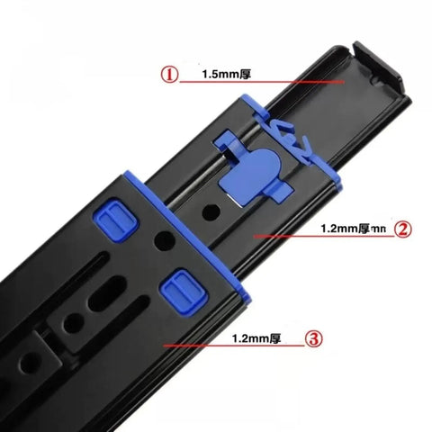 Full Extension Drawer Slides 12 Inch 35CM Extra Thick Three Section Hydraulic Soft Close Rails with detailed thickness measurement