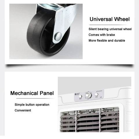 Super Chill Heavy Duty Evaporative Air Cooler With 10000 CFM Flow And 18 Gallon Tank wheel and control panel for easy mobility and use
