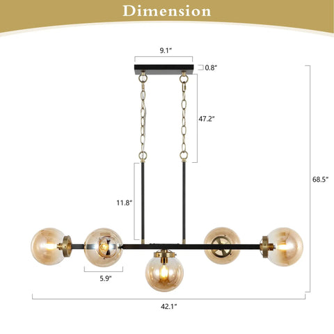 Dimensions of 5 Light Modern Sputnik Island Pendant Light Fixture With Amber Glass Globe Shades For Flat Or Sloped Ceilings