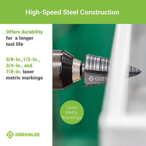 Close-up of 1-3/8 Inch Pro-Grade Step Bit Metal Cutter with patented split-step design for fast, clean holes in various materials.