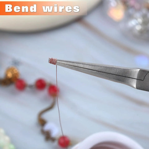 Close-up of 7 Inch Long Needle Nose Pliers For Jewelry Making And Wire Looping in action, bending wire with smooth jaws.