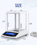 Analytical Balance 500g Capacity 0.001g Accuracy Lab Scale with Windshield and RS232 Interface, shown with dimensions.