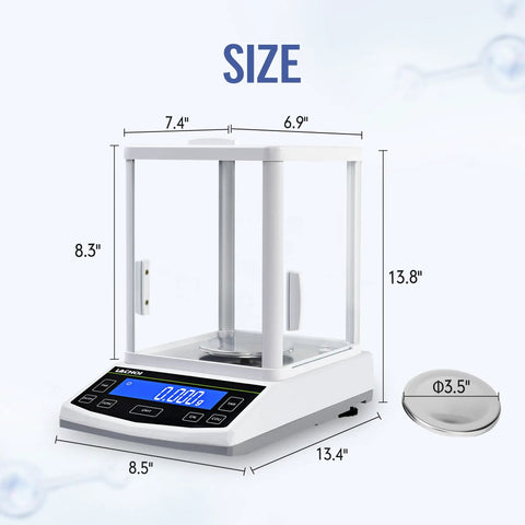 Analytical Balance 500g Capacity 0.001g Accuracy Lab Scale with Windshield and RS232 Interface, shown with dimensions.