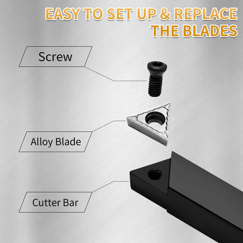 Components of Three Eighths Inch Indexable Carbide Turning Inserts Holder Set for Machining Lathes, including screw and alloy blade.