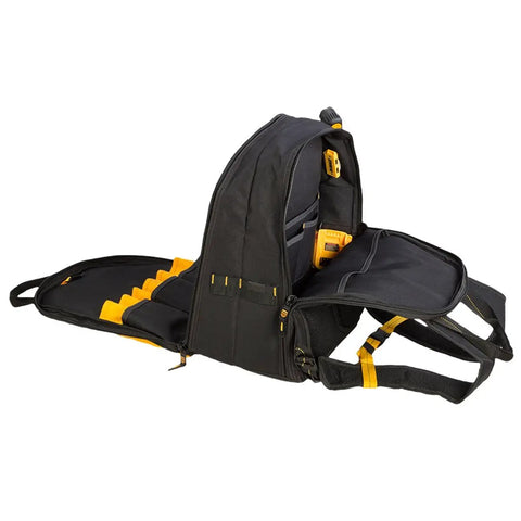 Open DGC533 USB Charging Tool Backpack with 33 pockets, displaying tool organization and storage features for job site use.