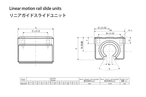 Technical diagram of SBR20 350mm Linear Guide Rail With Two SBR20UU Preloaded Blocks for CNC Rigs and 3D Printers