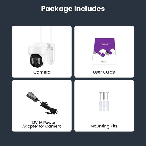 Package contents of 10X Zoom Dual Lens PTZ Security Camera With AI Auto Tracking And 2K HD Wireless Indoor Outdoor Surveillance System For Motion Detection And No Fuss 24 Seven Monitoring And 2 Way Audio including camera, power adapter, user guide, and mounting kits.
