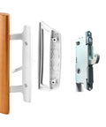 Sliding Patio Door Handle Set With Oak Interior And White Diecast Pull Mortise Lock And 45 Degree Keyway Fits Three To Fifteen Sixteenth Inch Screw Hole Spacing Non Keyed With Latch Locks Replacement For Worn Or Broken Sliding Glass Door Hardware