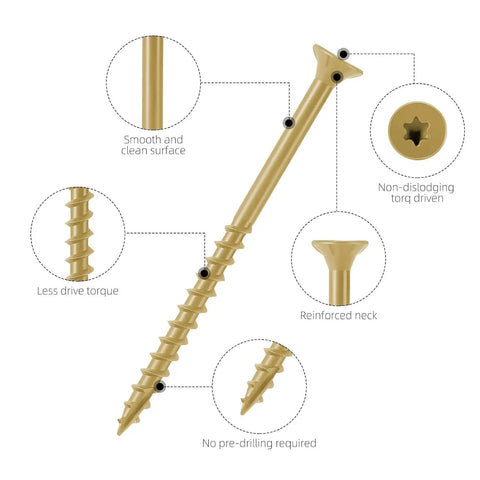 Deck Screws Kit 150 Pcs Tan Assortment With T25 Bit For Pressure Treated Lumber And Composite Decking, Rust Resistant Carbon Steel, salt spray tested over 1000 hours, showing screw details