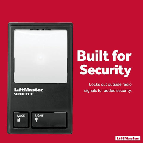 Wall Mounted Garage Door Opener With Lighting Control Wired Power Only No WiFi Needed Designed For Security Plus 2 Point 0 Openers Black Finish Easy Setup No Hassle Installation For Everyday Convenient Use, front view showing lock and light buttons.