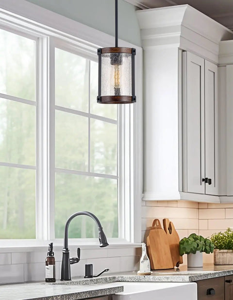 9 Inch Rustic Farmhouse Pendant Light With Crackle Glass Shade And Walnut Wood Finish Hand Painted Metal Frame Black Hardware Delivers Warm Cozy Vibe For Kitchen Island Dining Room