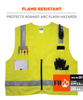 GloWear 8262FRZ flame resistant hi-vis safety vest with reflective strips, solid front and mesh back, lime green, visible pockets