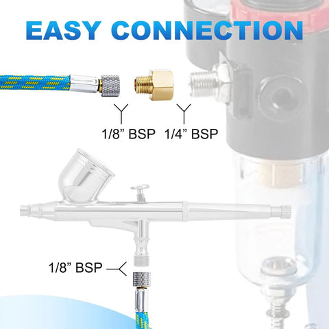 Premium Pro Grade 10 Foot Braided Airbrush Hose With US Quick Connect And One Eighth To One Quarter Inch Adapter Fits Iwata Badger Harder And Steenbeck And Other Mainstream Airbrushes showing connection details