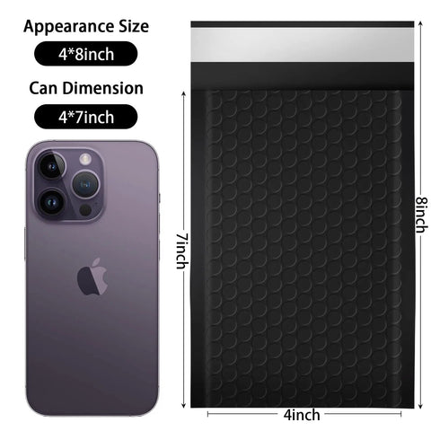 4x7 Inch Padded Self Seal Bubble Mailers Pack Of 100 Opaque Black Waterproof Shipping Envelopes with phone for size comparison