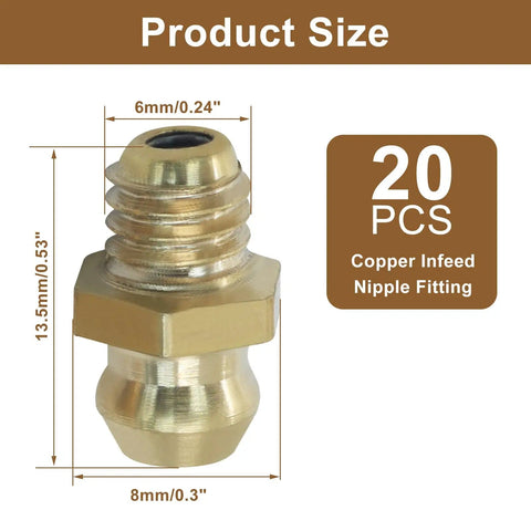 Straight Hydraulic Grease Fitting Assortment Kit With Brass 6mm X 1mm Male Threads Zerk Nipples Nozzles Fittings For Excavators And Heavy Equipment 20 Pcs shown with dimensions
