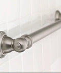 Brushed Nickel 24-Inch Stainless Steel Shower Grab Bar For Bathroom Safety And Elder Care With Easy Install No Slip Grip Handicapped Friendly Built Tough Traditional Design mounted on white tiled wall