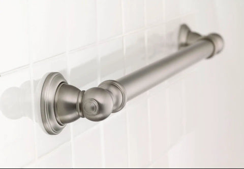 Brushed Nickel 24-Inch Stainless Steel Shower Grab Bar For Bathroom Safety And Elder Care With Easy Install No Slip Grip Handicapped Friendly Built Tough Traditional Design mounted on white tiled wall