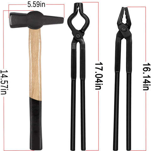 Forging Tools Kit For Knife Making Starter Set With Anvil Wolf Jaw Tongs V Bit Tongs And Heavy Duty Hammer shown with dimensions
