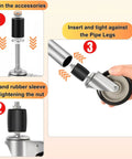 Four 3-inch expanding-stem, threaded swivel casters for stainless steel cart legs; fits 7/8 to 1-5/8 inch ID