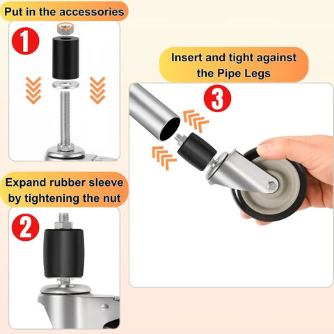 Four 3-inch expanding-stem, threaded swivel casters for stainless steel cart legs; fits 7/8 to 1-5/8 inch ID