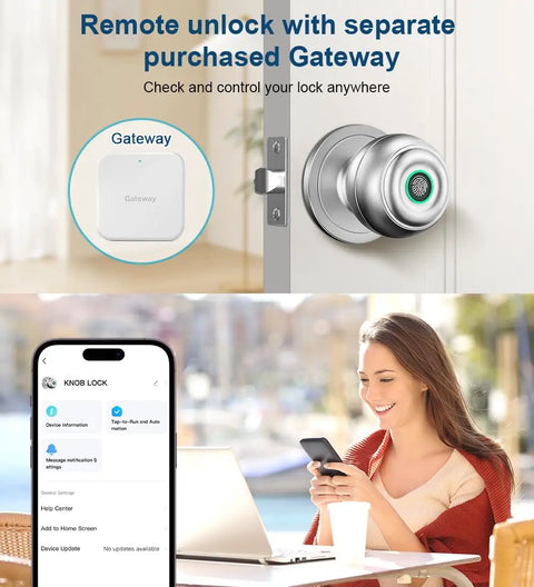 Fingerprint Door Lock With Biometric Thumbprint, App Control, And Key Access in silver, shown with gateway and smartphone app interface