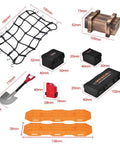 9 In 1 RC Crawler Roof Decoration Kit with Wood Box, Luggage Net, Fuel Box, Shovel for 1/10 Scale Crawlers, product layout.
