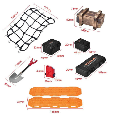 9 In 1 RC Crawler Roof Decoration Kit with Wood Box, Luggage Net, Fuel Box, Shovel for 1/10 Scale Crawlers, product layout.
