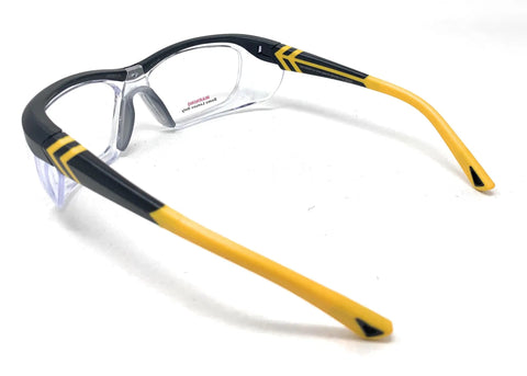 Prescription Compatible Safety Glasses With Bold Black And Yellow Frames shown from a side angle, highlighting the design and durable materials.