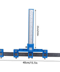 Boss Level Aluminum Punch Locator Drill Guide with measurement scale, blue heavy-duty tool for precise cabinet hardware installation.