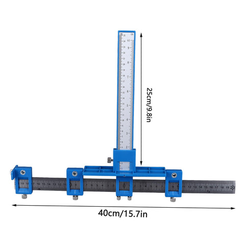 Boss Level Aluminum Punch Locator Drill Guide with measurement scale, blue heavy-duty tool for precise cabinet hardware installation.