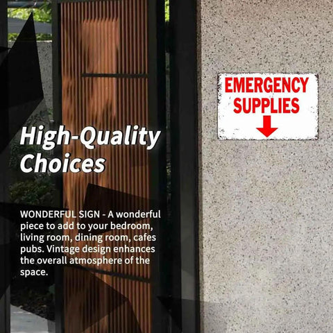 12 X 8 Inch Aluminum Emergency Supplies Directional Metal Sign Rugged Workhorse Built Tough Weatherproof Arrow Sign For Home, Garage, Warehouse, And Bunker With Easy Hanging Installation, mounted on wall