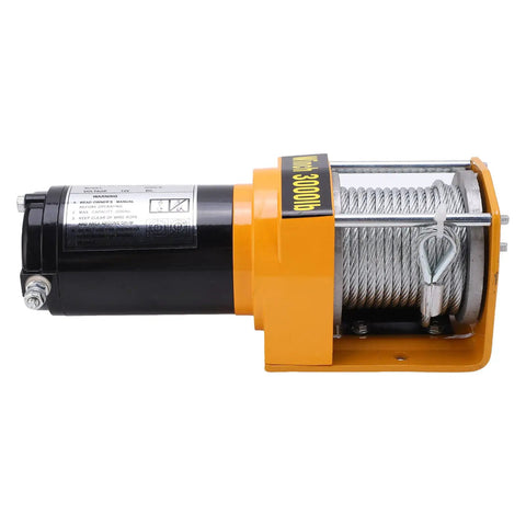 Cool 12V Electric Winch Kit Slams Out 3000Lbs With Durable 5mm X 10m Rope And Smooth 4 Way Roller Fairlead side view of winch motor and cable.