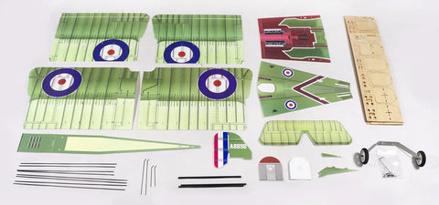 RC Foam Plane Kit 800mm Biplane SE5a ready to build parts layout showing wings, tail, fuselage pieces, and landing gear on white background.