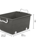 Smooth Rolling Storage Basket With Gray Plastic Mobile Organizer Bin featuring four nifty pivot wheels and fold down handles.