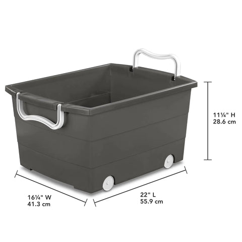 Smooth Rolling Storage Basket With Gray Plastic Mobile Organizer Bin featuring four nifty pivot wheels and fold down handles.