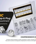 Pro Grade 64 Piece JIC 37 Degree Flare Cap and Plug Kit in storage box with organized compartments and size chart visible.