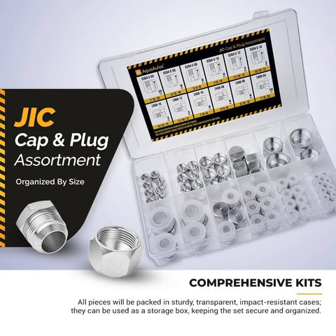 Pro Grade 64 Piece JIC 37 Degree Flare Cap and Plug Kit in storage box with organized compartments and size chart visible.