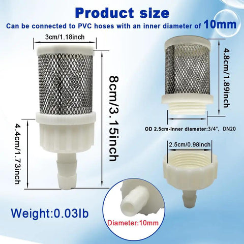 10mm Stainless Steel Inline Hose Filter Strainer With 10mm Barb Connection dimensions and features for sprayers and oil pumps