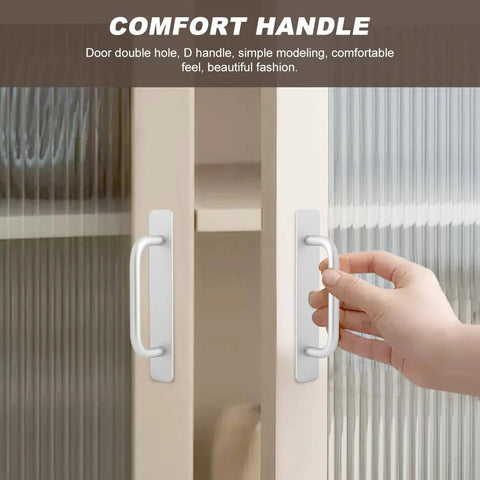 Hand holding adhesive cabinet handle on sliding door, focus keyword: Adhesive Cabinet Handles 5.83 Inch 2 Pack No Drill Installation