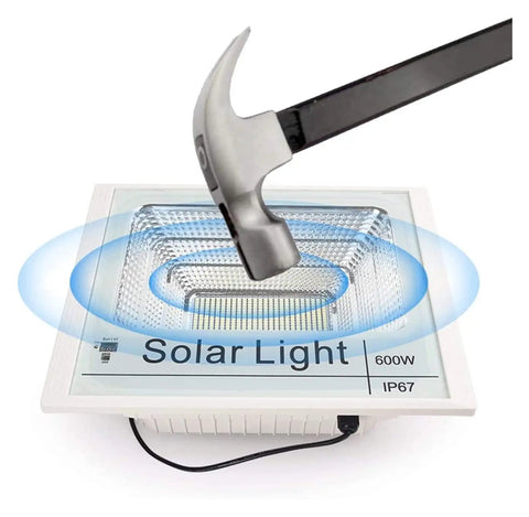 Top Tier Outdoor Solar Flood Light For Yard And Patio Security IP67 Waterproof with hammer impact demonstration.