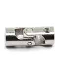 Close-up of a 3mm to 3mm universal joint shaft coupling with screws, 45 steel, electroplated, wear-resistant for DIY robotics.