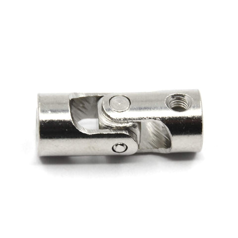 Close-up of a 3mm to 3mm universal joint shaft coupling with screws, 45 steel, electroplated, wear-resistant for DIY robotics.