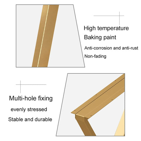 Close-up of heavy duty steel table legs for coffee tables and home desks with gold high-temperature coating.