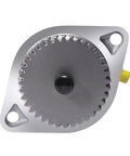 Front view of AULINK gear-driven mechanical vacuum pump with silver aluminum housing, mounting flange and yellow port.