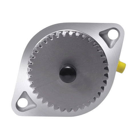 Front view of AULINK gear-driven mechanical vacuum pump with silver aluminum housing, mounting flange and yellow port.